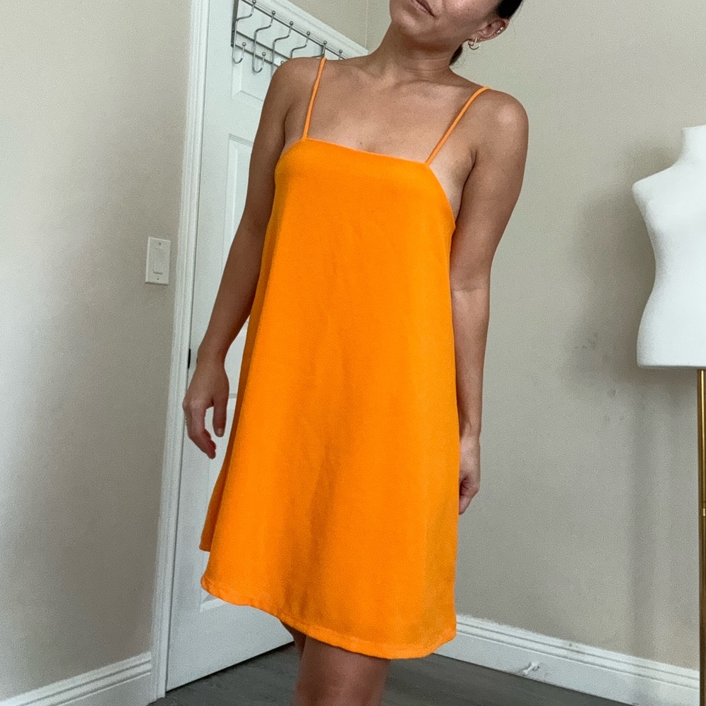 Zara Orange Square Neck Spaghetti Strap Mini Dress